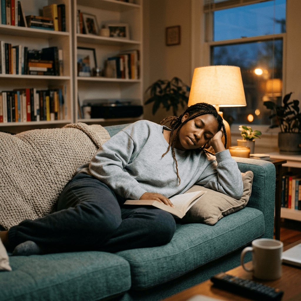 Woman reclining on couch reading a book with lamp and bookshelf in background