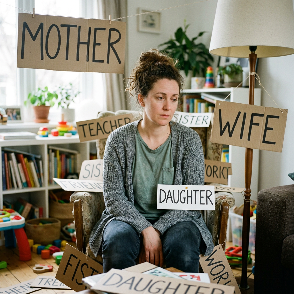 Woman sitting in a chair with multiple cardboard signs around her saying mother, wife, teacher, daughter, sister, friend, worker, and others